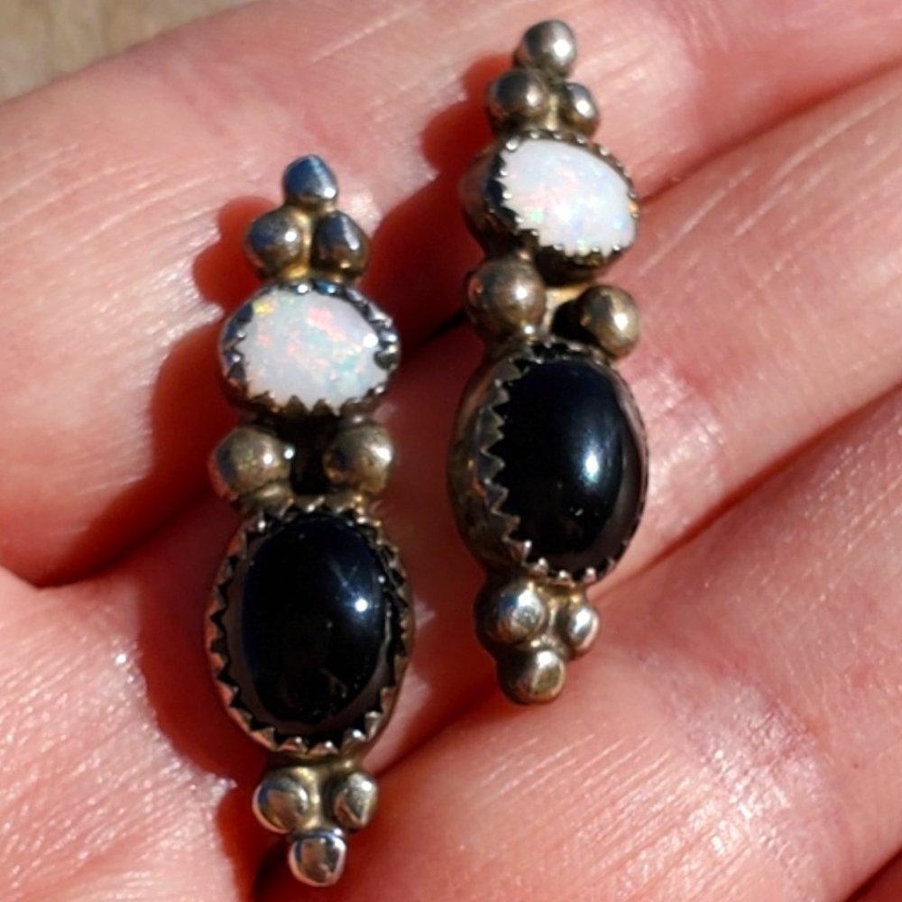 Navajo Rose Castillo Sterling Silver Opal and Black Onyx Earrings